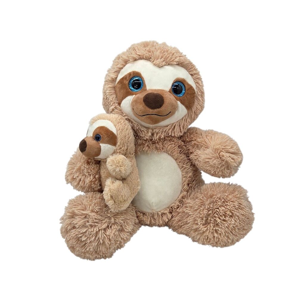 Toy Factory Sloth Plush w/ Baby Tan Shaggy Fur Blue Glitter Eyes Stuffed Animal